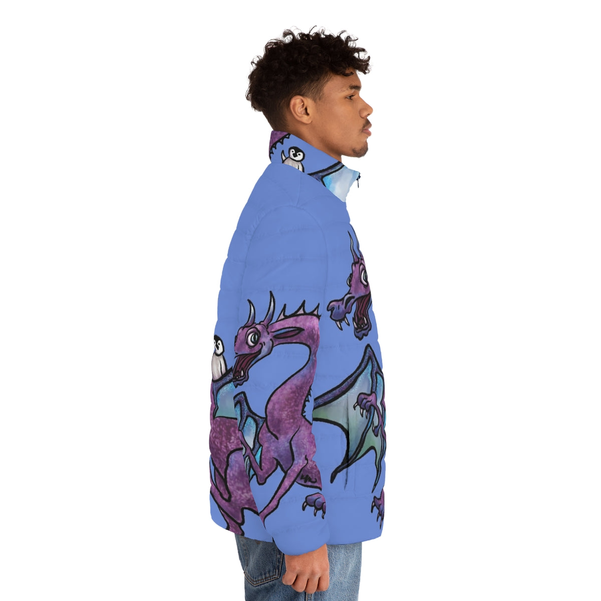 Whimsical puffer jacket featuring a penguin and dragon in a fantasy adventure - men side right