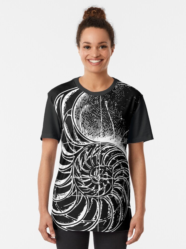 Fibonacci spiral pattern on a nautilus shell, a graphic t-shirt design featuring mathematics and science. - Women