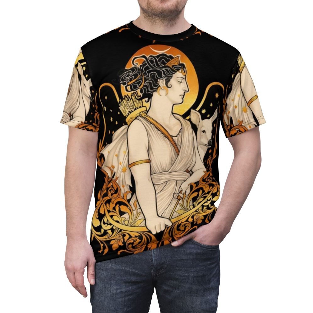 Artistic t-shirt design featuring the Greek goddess Artemis, the powerful goddess of the hunt, with crescent moon, stars, and nature elements. - men front