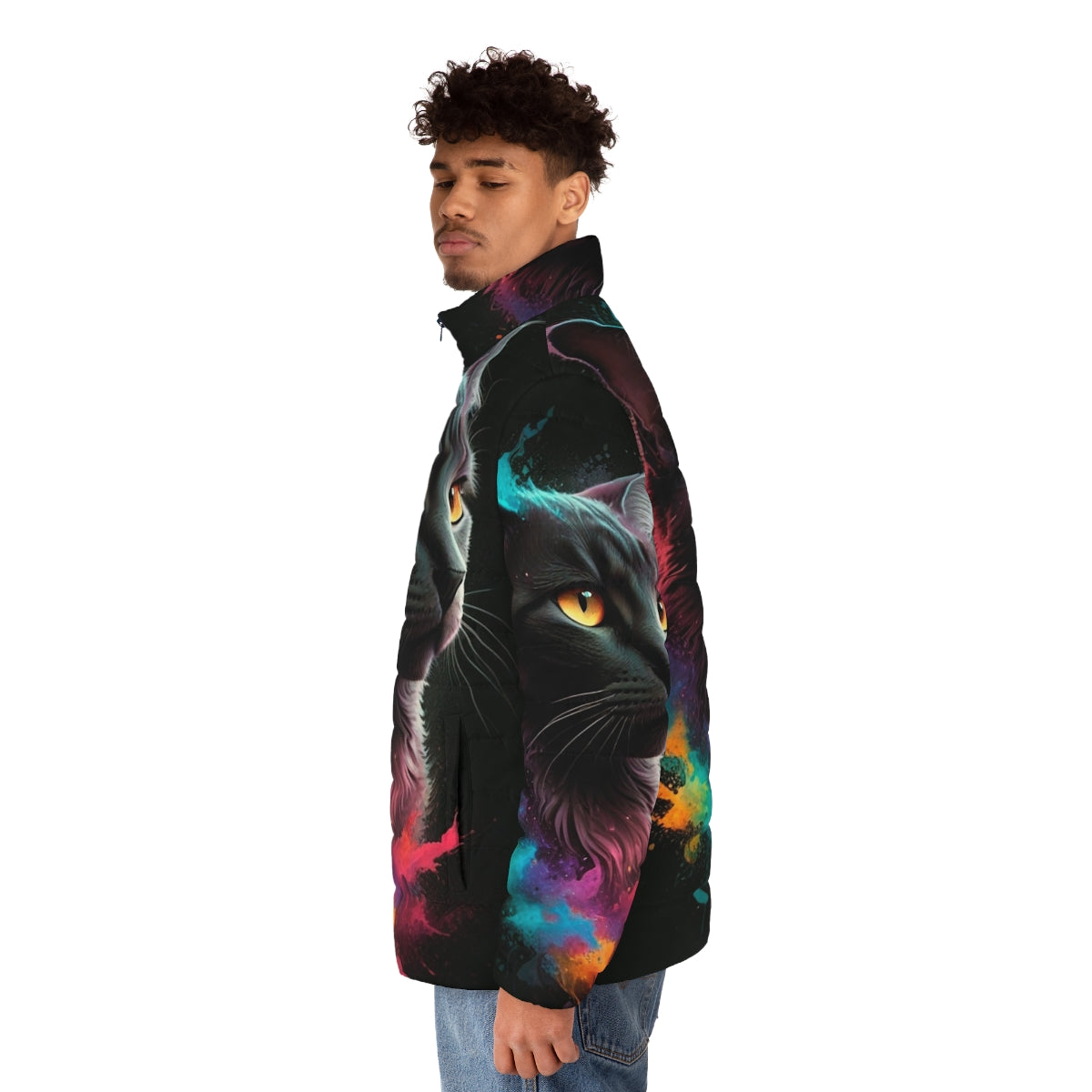 A colorful and whimsical puffer jacket featuring a vibrant splash cat design. - men side left