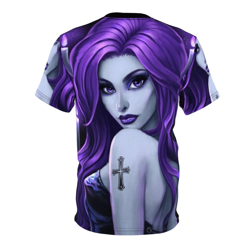 A beautiful goth-inspired AOP t-shirt in a rich purple color with a subtle candle and dark aesthetic design. - Back