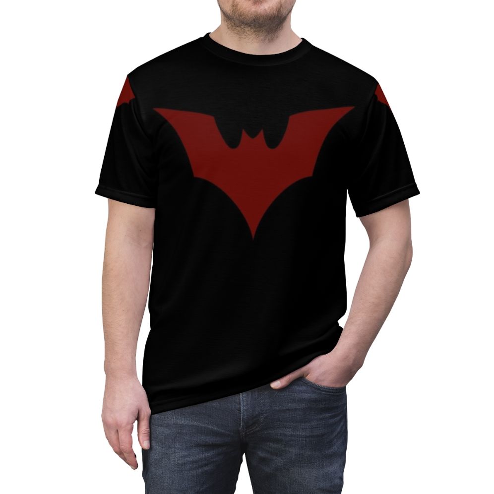 A graphic t-shirt featuring a futuristic bat design, perfect for geeky, nerdy, and spooky Halloween fans. - men front