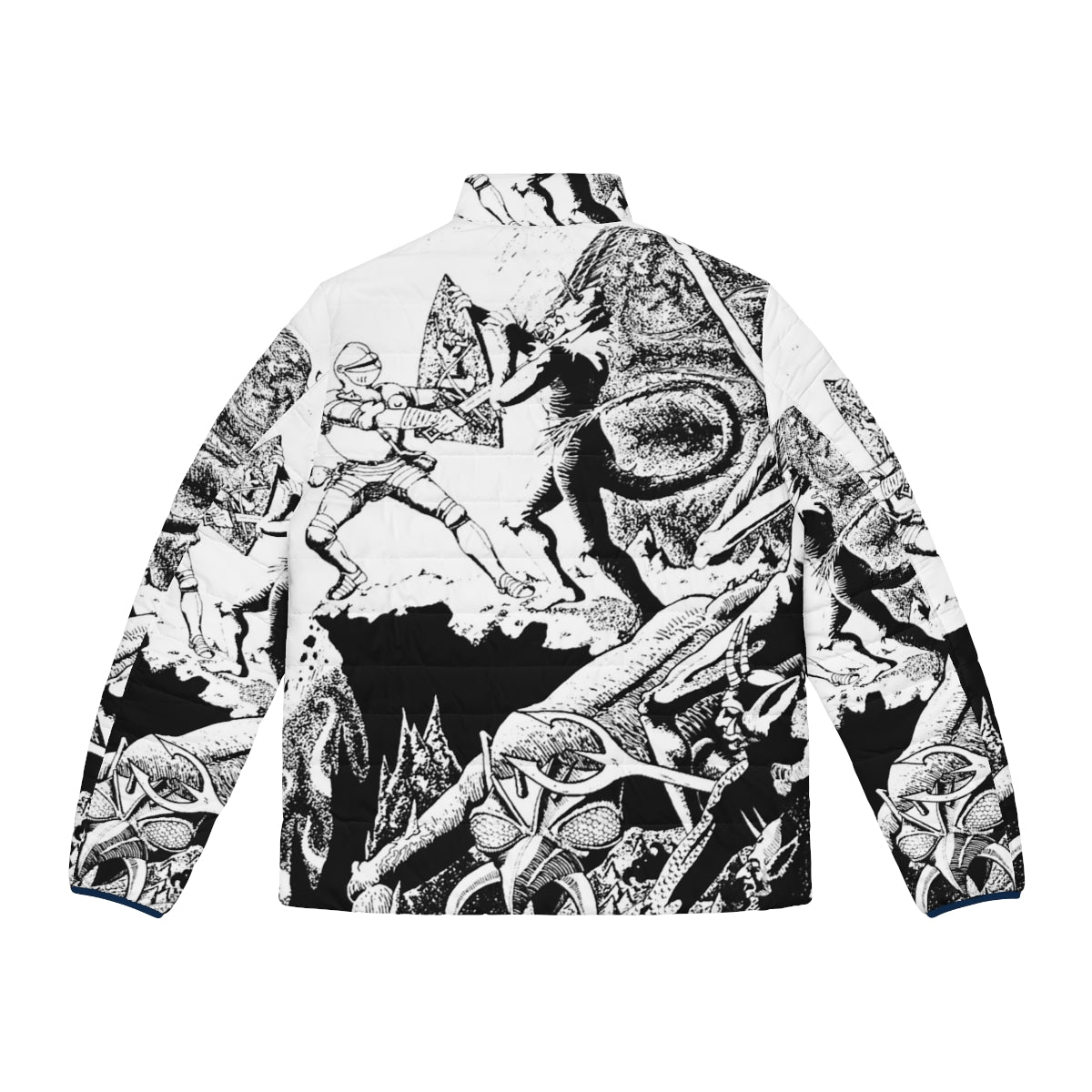 A puffer jacket featuring a paladin character in a fantasy hellscape setting, black and white illustration - Back