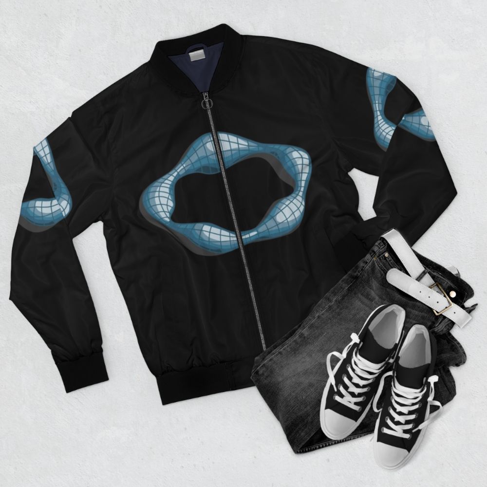 Black bomber jacket with International High IQ Society logo and text - Flat lay