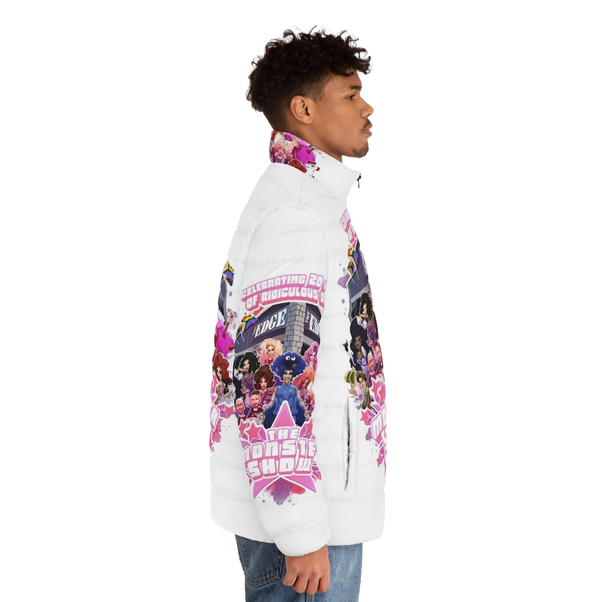 20th Anniversary Puffer Jacket featuring LGBT and drag show themes - men side right