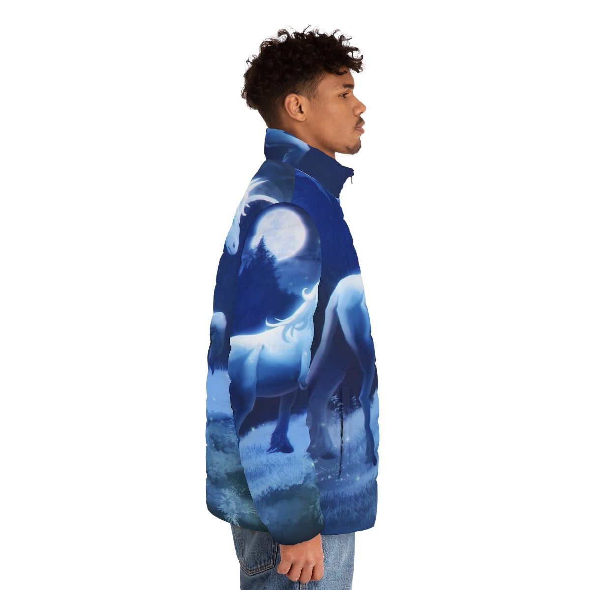 The Last Unicorn Puffer Jacket featuring a whimsical unicorn design - men side right