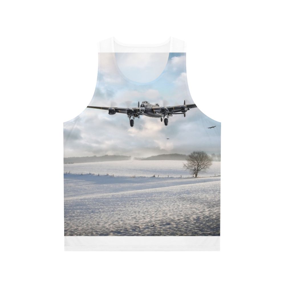 Unisex tank top featuring a Lancaster bomber in a snowy winter scene