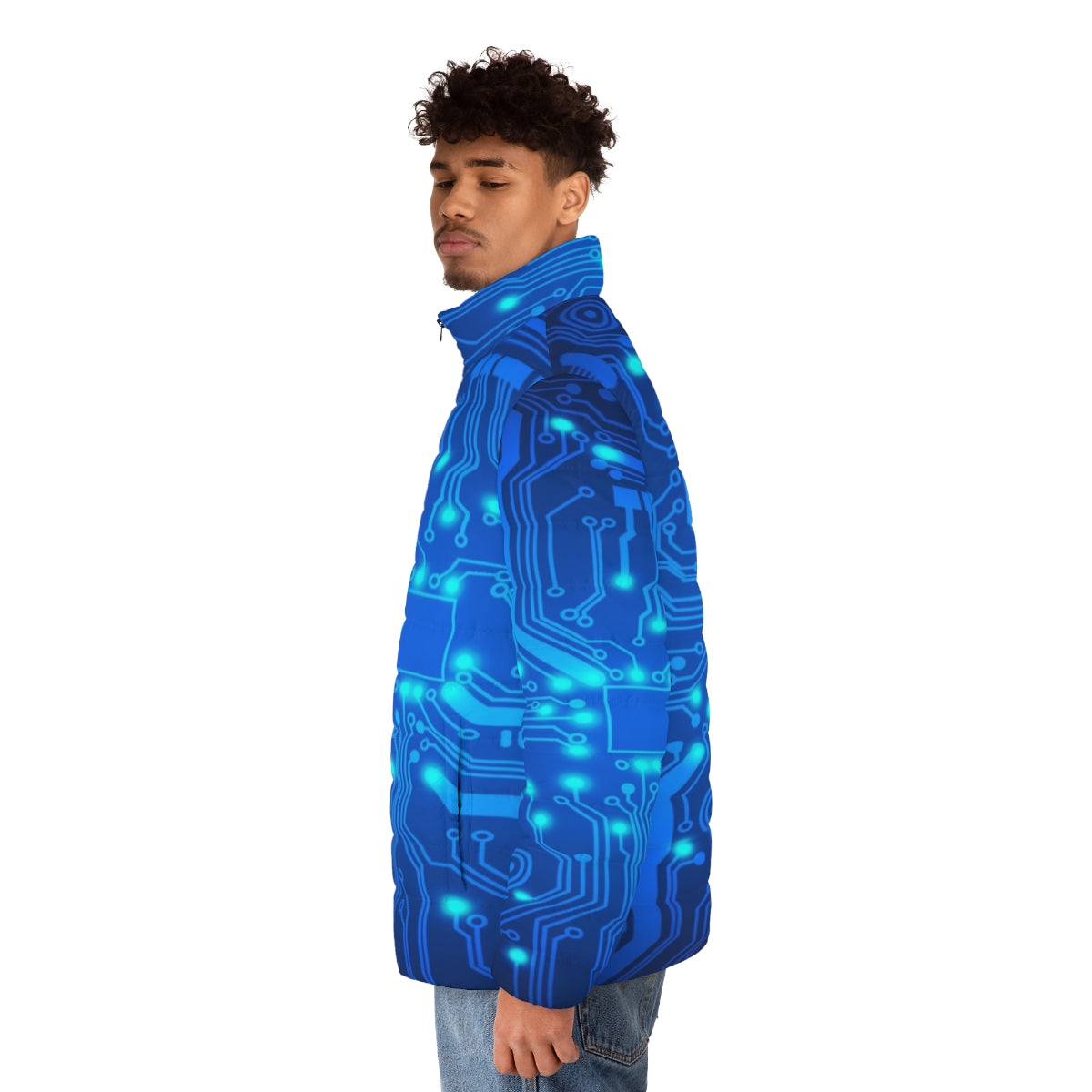 Stylish Electronic Circuit Puffer Jacket with Futuristic Design - men side left