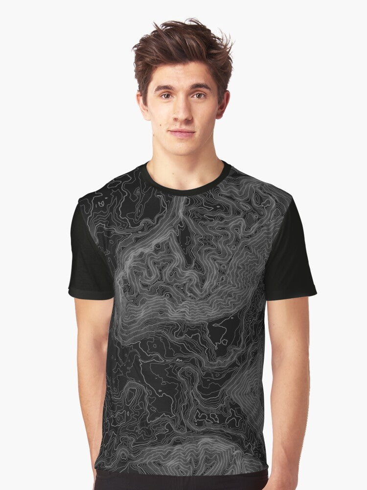 A graphic t-shirt featuring a topographical map design of the North Bend, Washington area. - Men