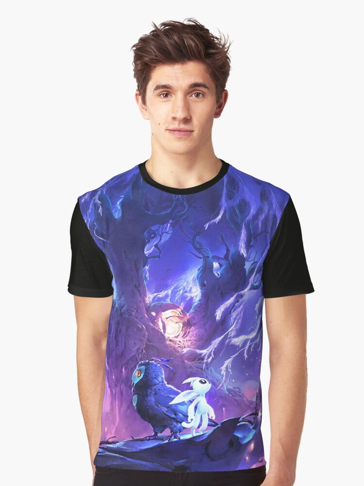 Ori, the main character from the video game Ori and the Will of the Wisps, featured on a white graphic t-shirt. - Men