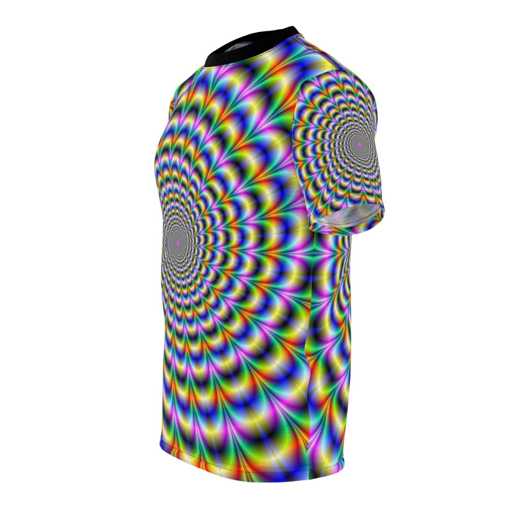 A vibrant psychedelic swirl design on a t-shirt, creating a mesmerizing, trippy optical effect. - men left