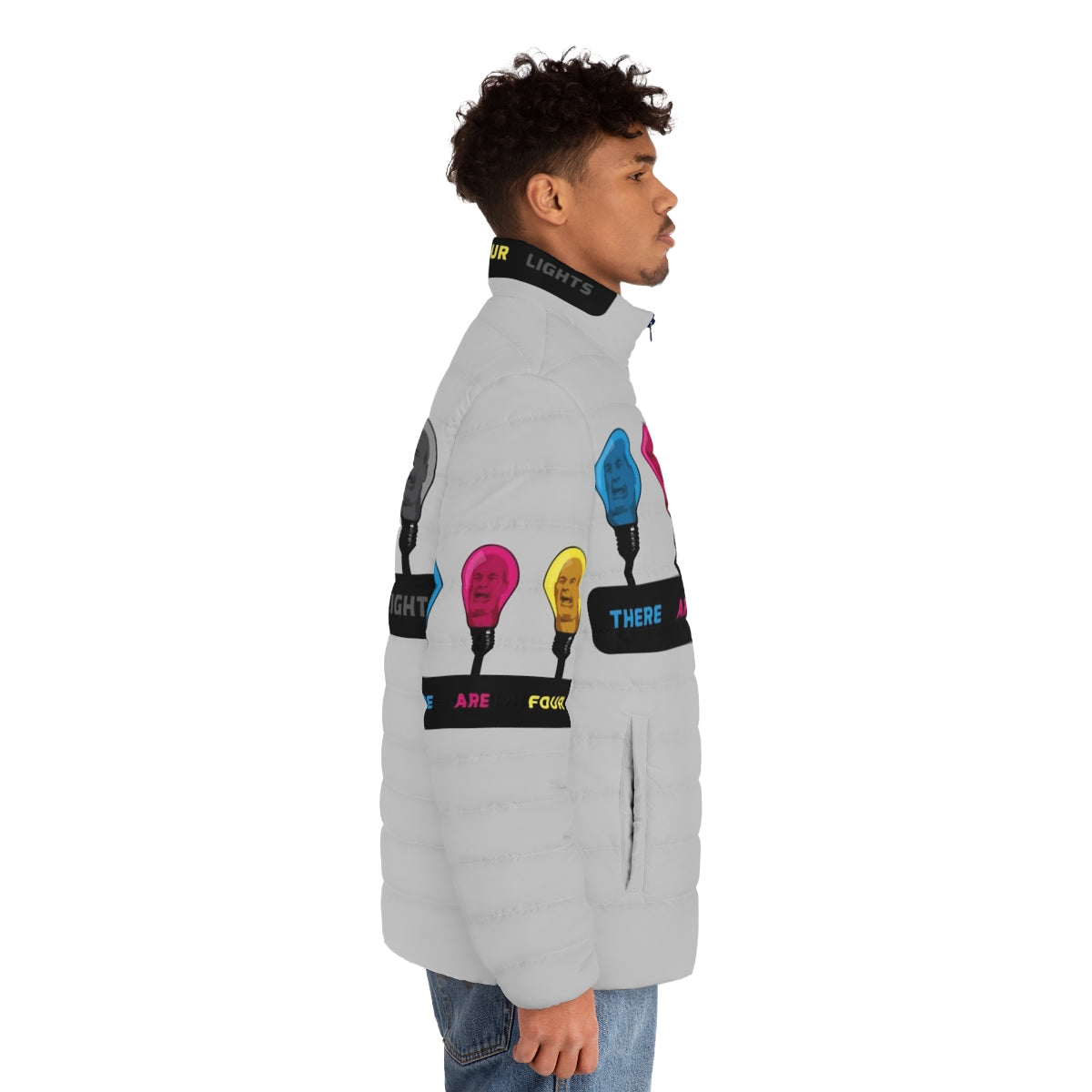 Colorful CMYK puffer jacket with 'There Are Four Lights' sci-fi inspired design - men side right