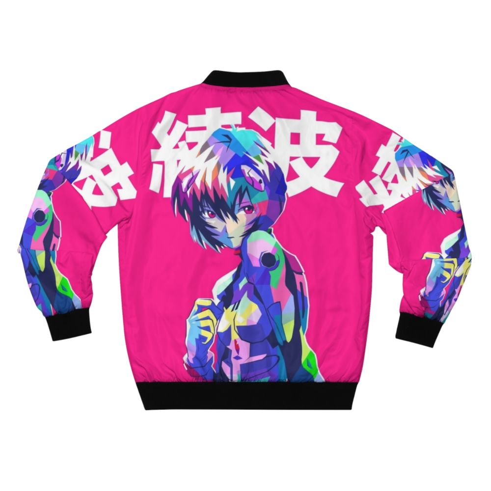 Rei Ayanami inspired bomber jacket with anime motifs and kanji design - Back