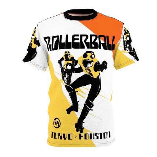 Retro sci-fi inspired t-shirt with Rollerball Tokyo and Houston graphic