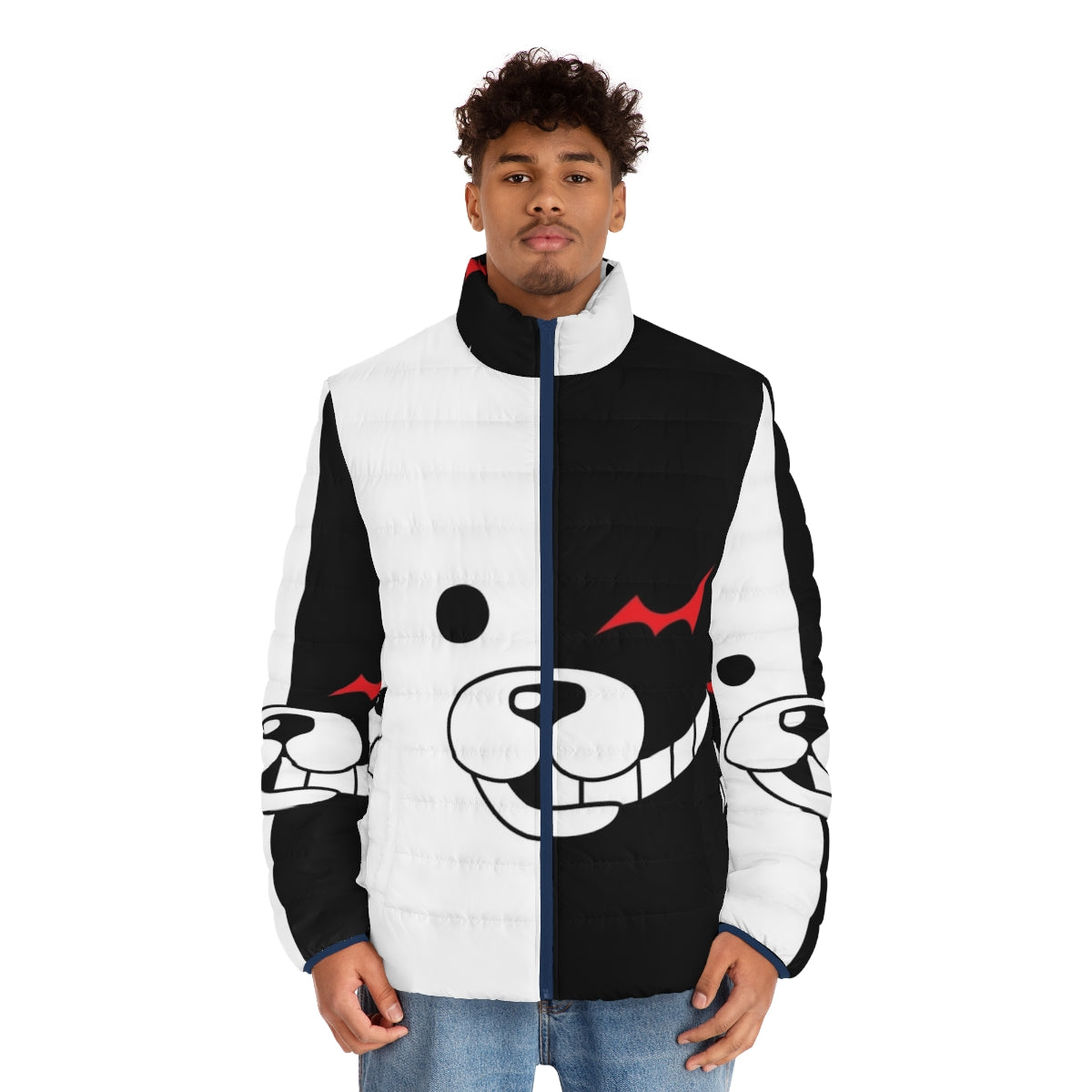 Monokuma Danganronpa Puffer Jacket with black and white bear design - men front