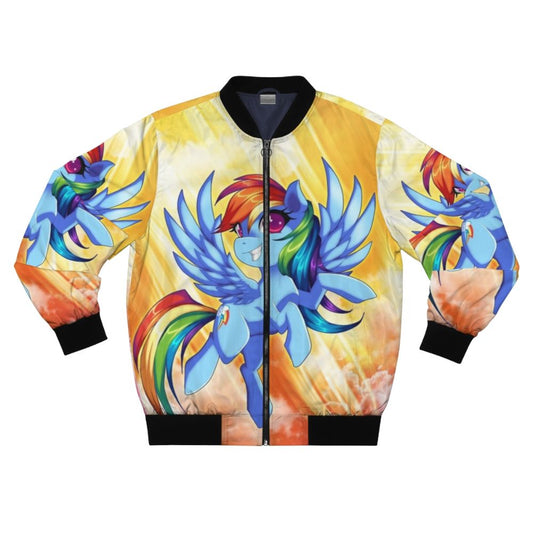 A black bomber jacket with a colorful Rainbow Dash design, inspired by the My Little Pony character.