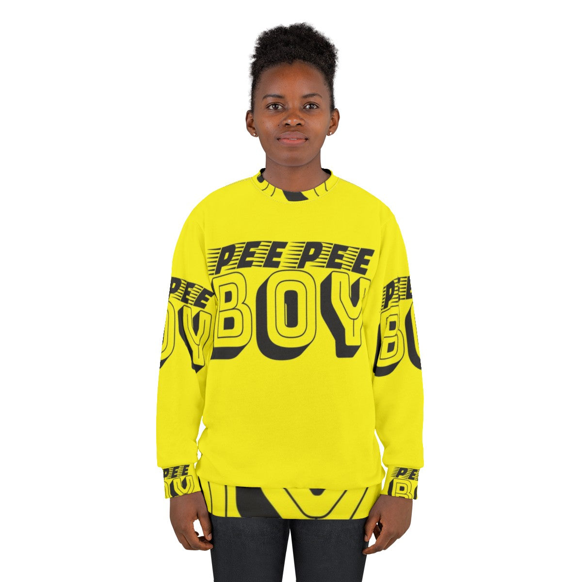 Pee Pee Boy graphic sweatshirt with slang, absurdist, and typographic humor design - women