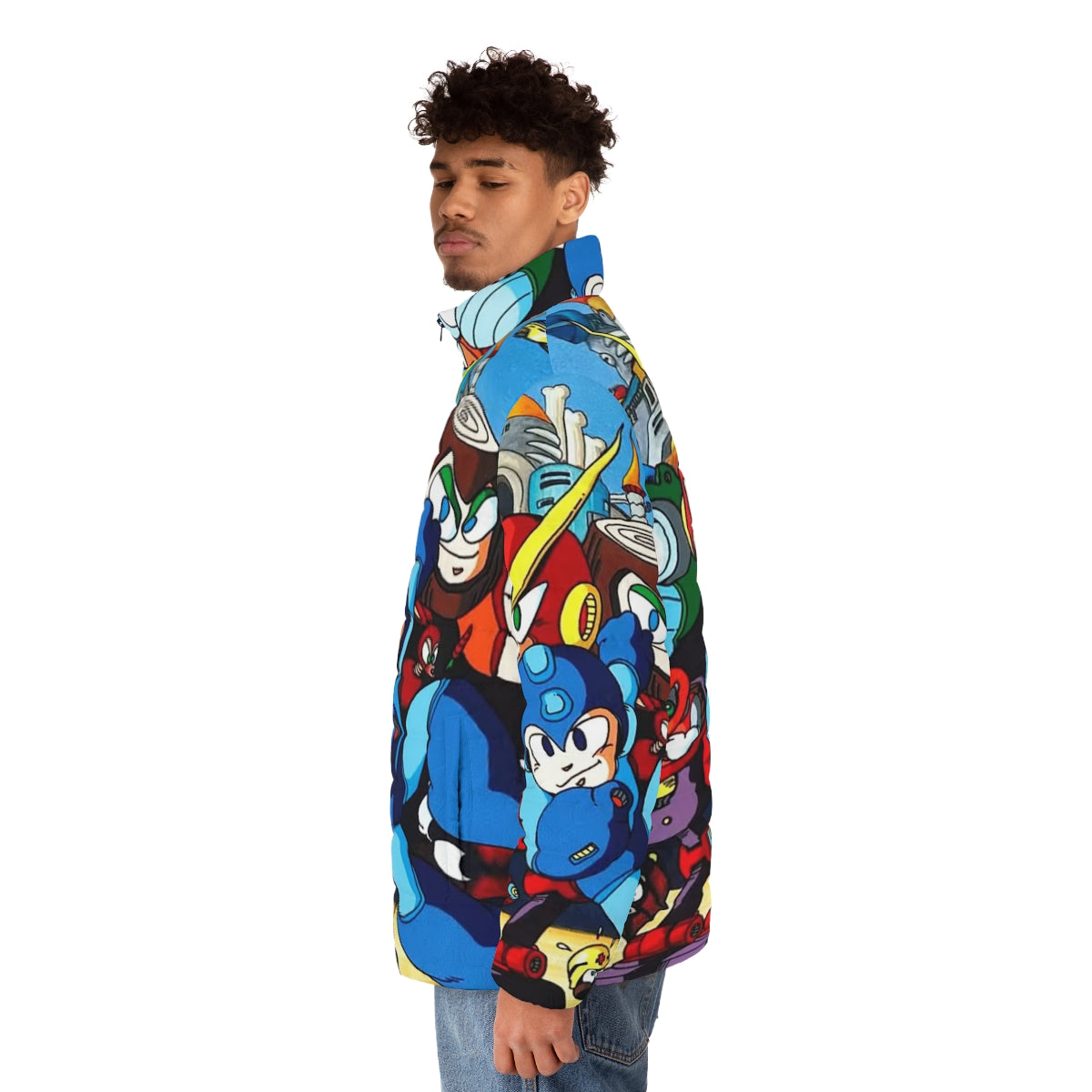 Mega Man 2 inspired puffer jacket with retro video game graphics - men side left