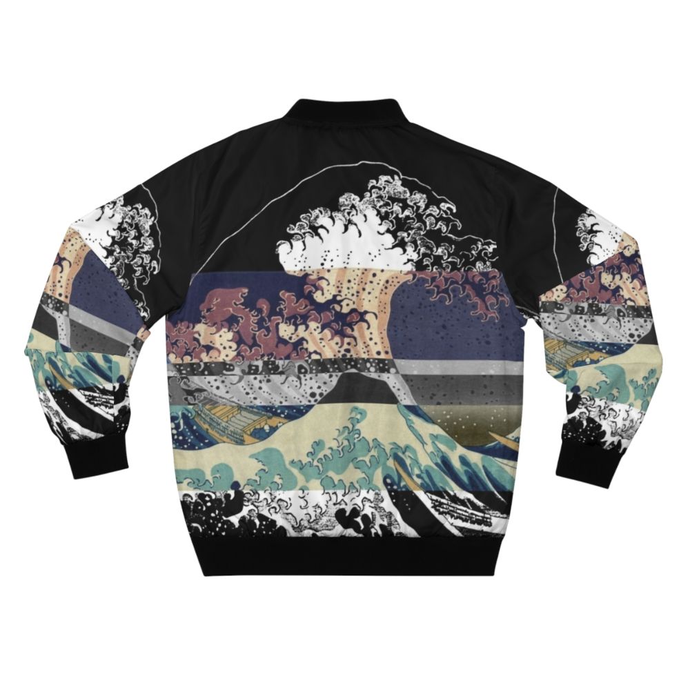 A bomber jacket featuring a colorful, glitched version of Hokusai's famous "The Great Wave" design. - Back