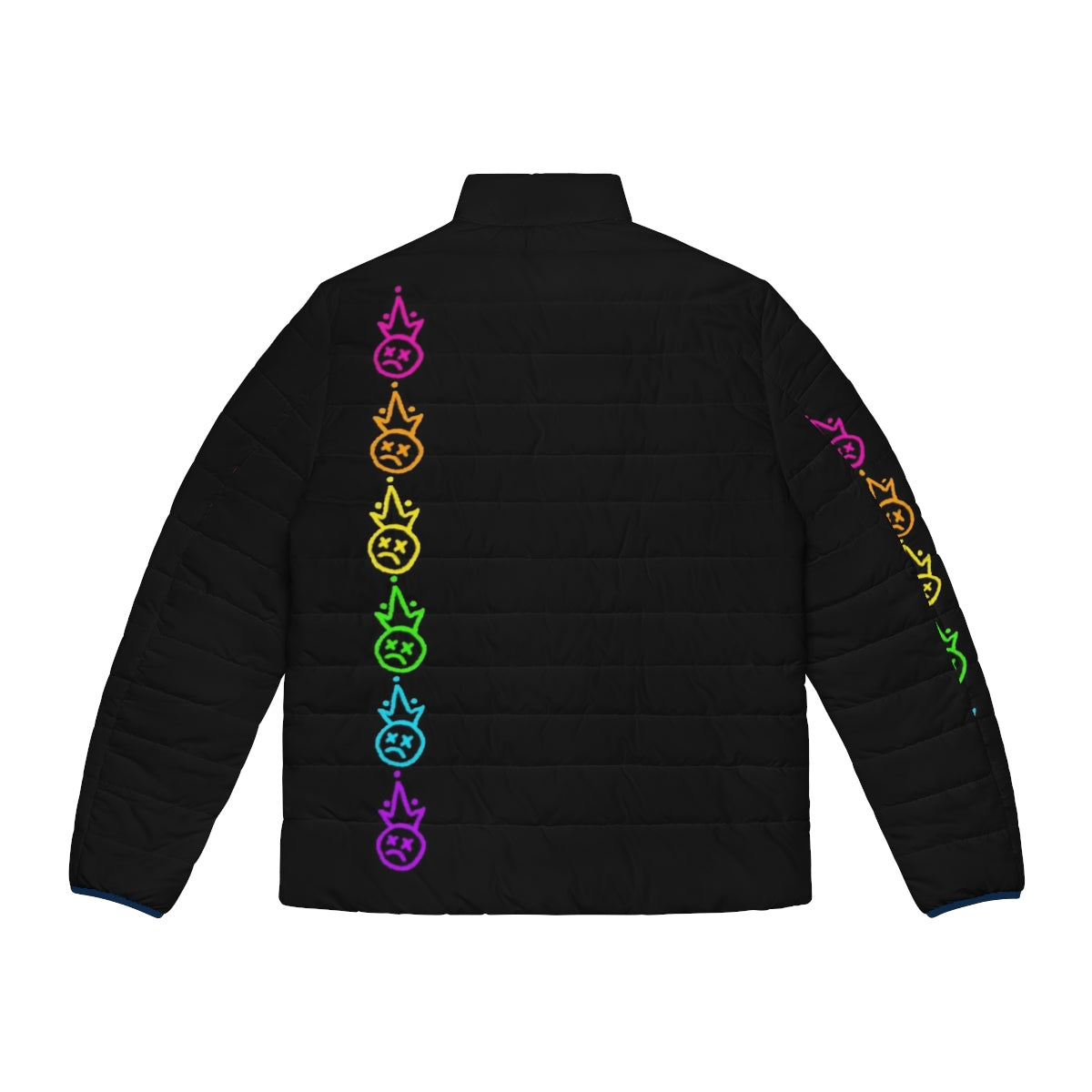 Colorful rainbow puffer jacket featuring the Fall Out Boy (FOB) logo - Back