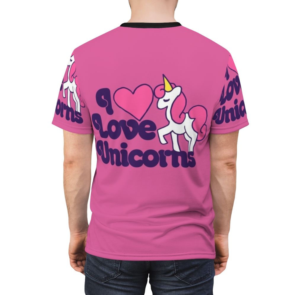 Whimsical t-shirt featuring a vibrant unicorn design in a retro style - men back