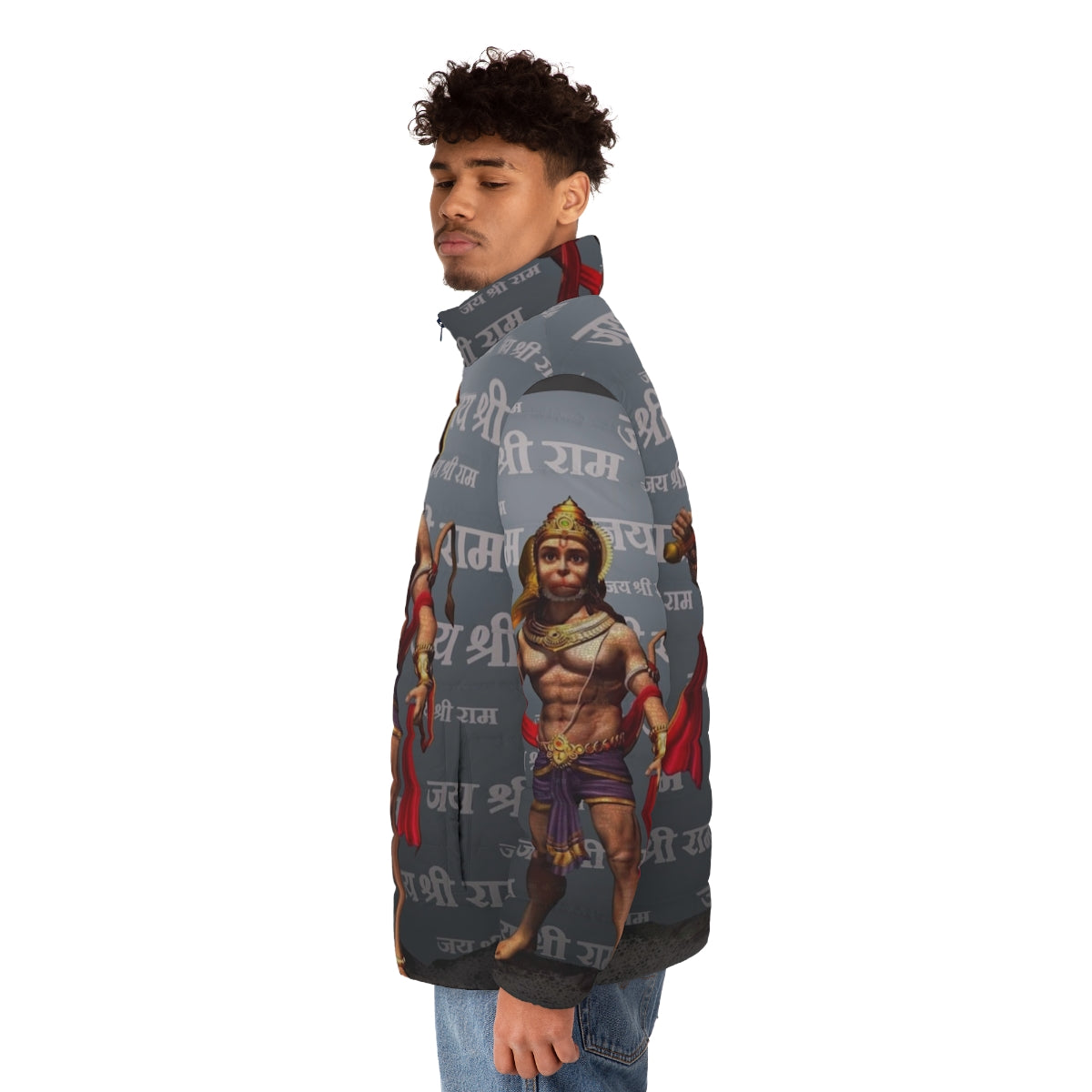 Lord Hanuman puffer jacket featuring the Hindu god and the phrase "Jai Sri Ram" - men side left