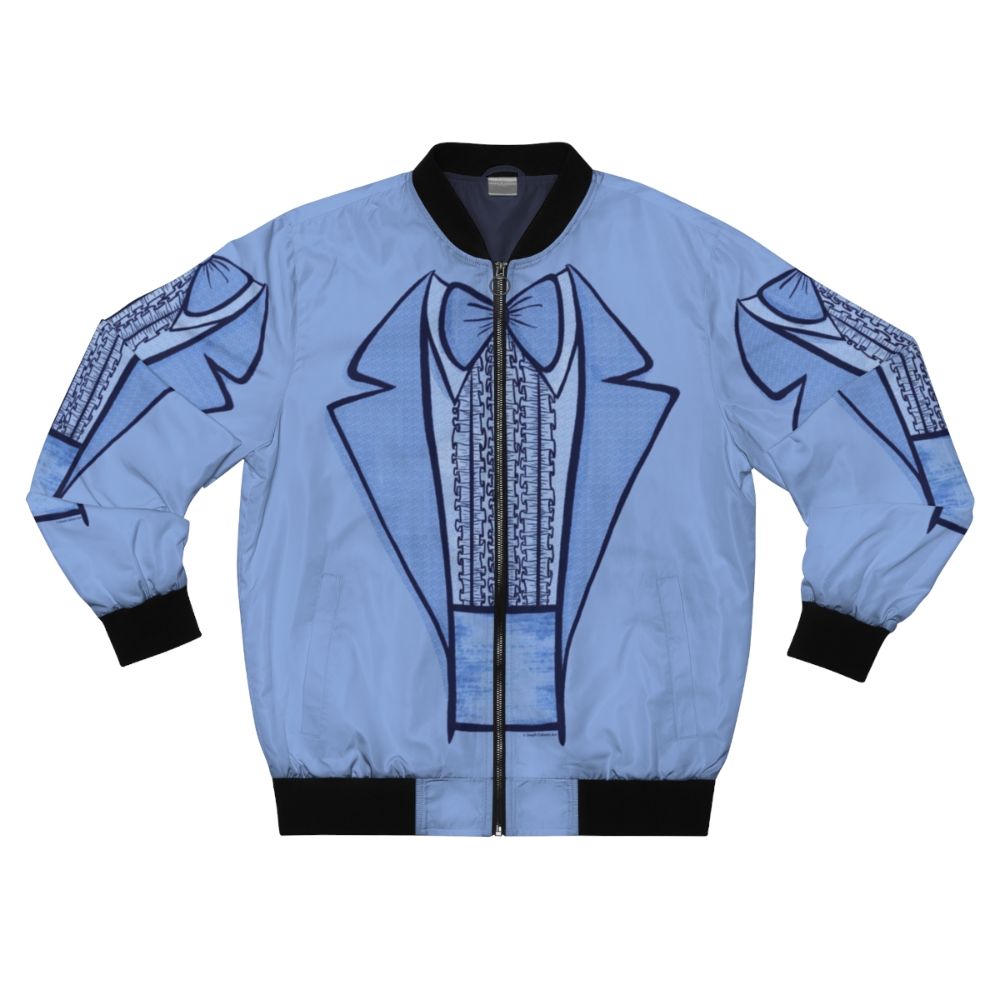 Light blue bomber jacket featuring the iconic "Dumb and Dumber" characters Lloyd and Harry in a funny tuxedo design