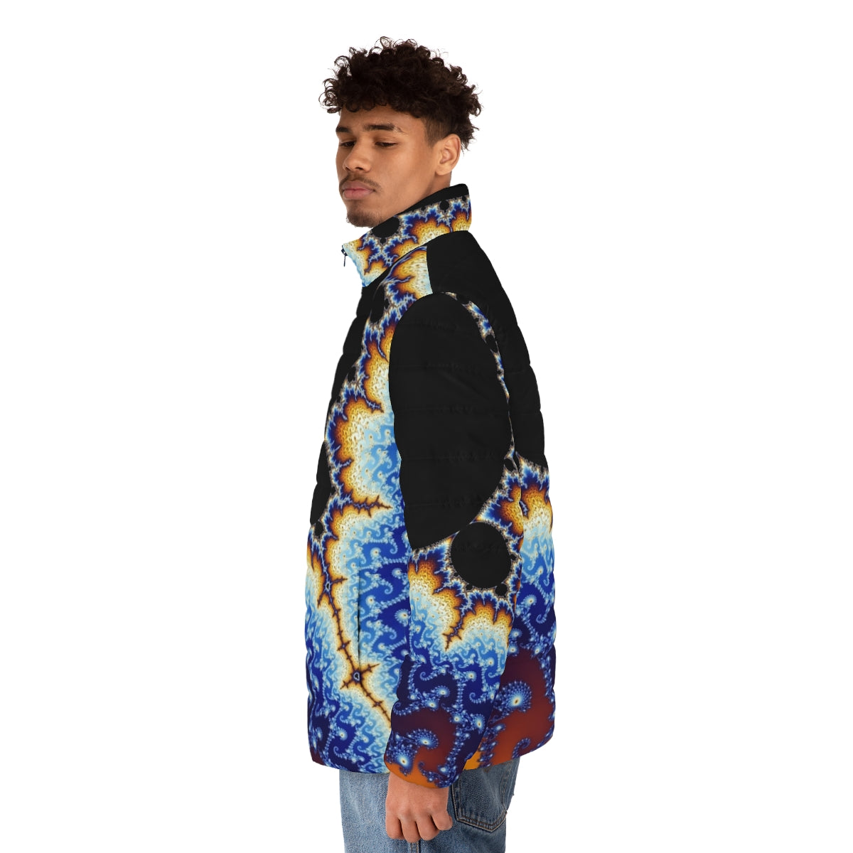 Mandelbrot set puffer jacket with a colorful, abstract fractal pattern - men side left