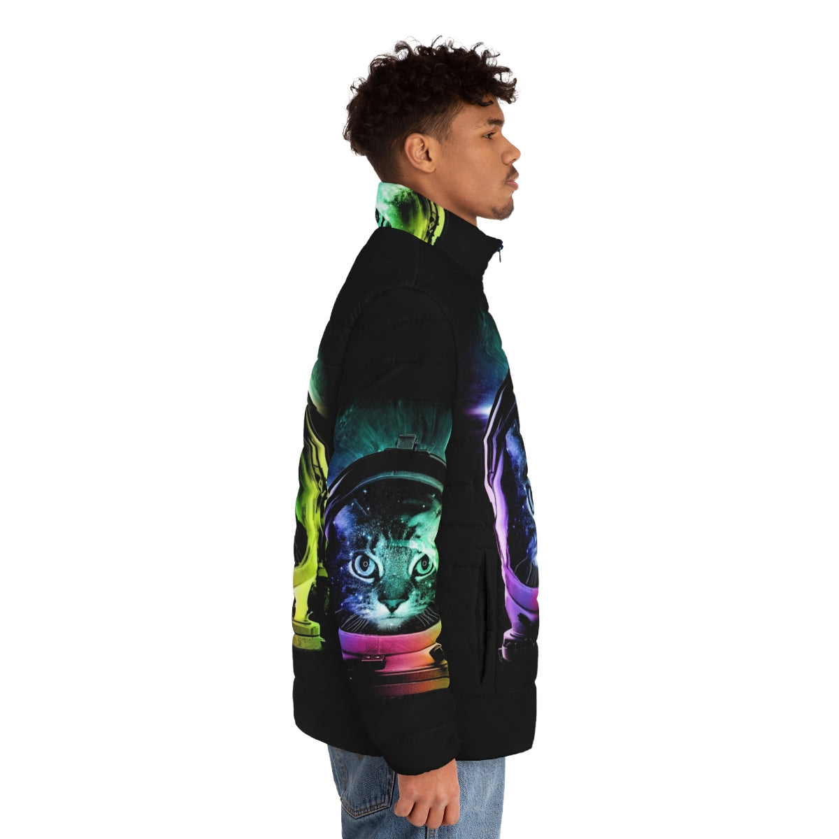 Astronaut cat in a vibrant puffer jacket, floating in the galaxy - men side right