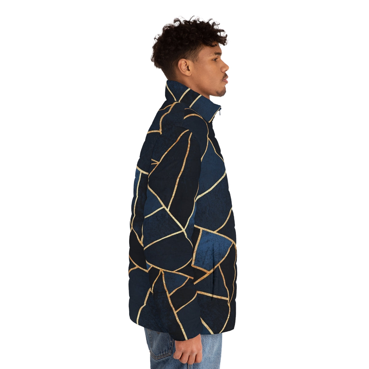 Navy puffer jacket with geometric mosaic design in stone and gold tones - men side right