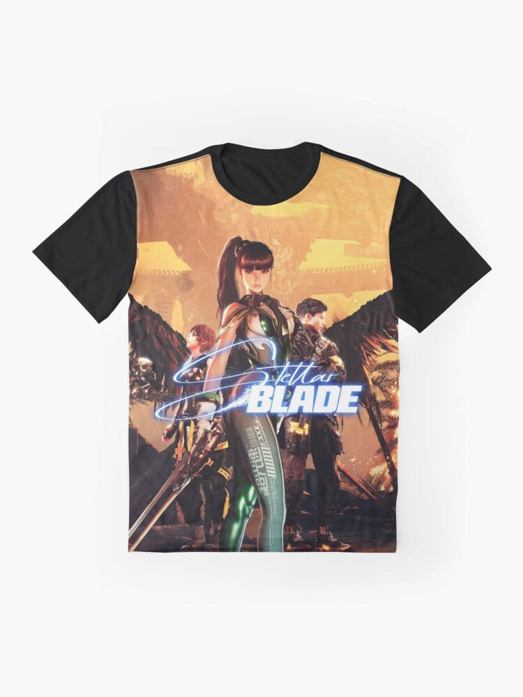 Stellar Blade videogame fanart graphic t-shirt design - Flat lay