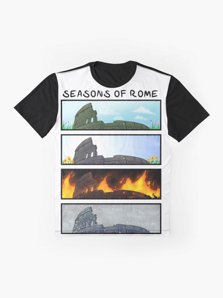 Graphic t-shirt featuring the "Seasons of Rome" design by Overly Sarcastic Productions - Flat lay