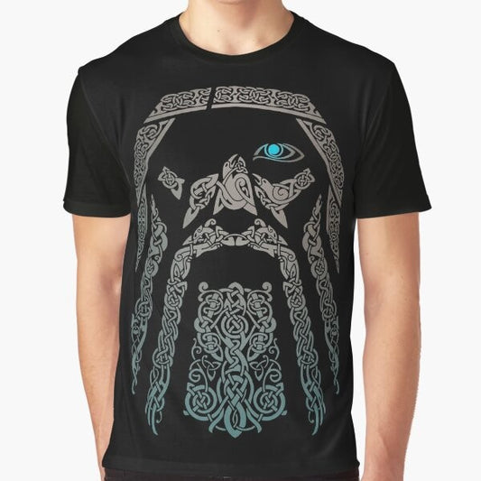 Odin, the Norse god, featured in a mystical, tribal-inspired graphic design on a grey t-shirt.