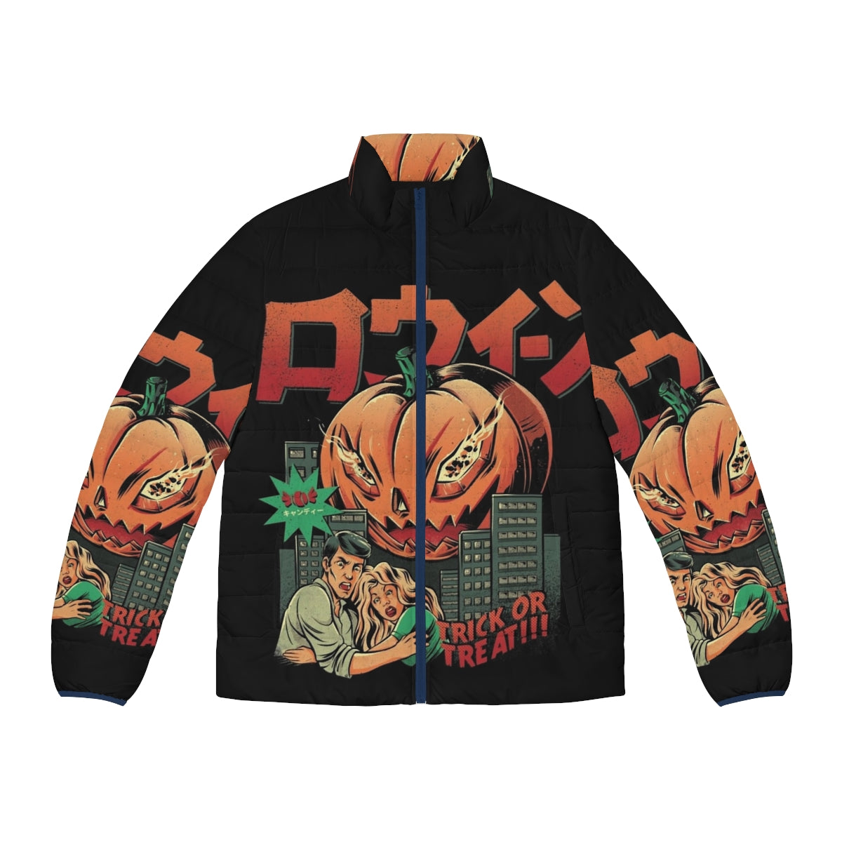 A puffer jacket with a pumpkin monster design, perfect for Halloween