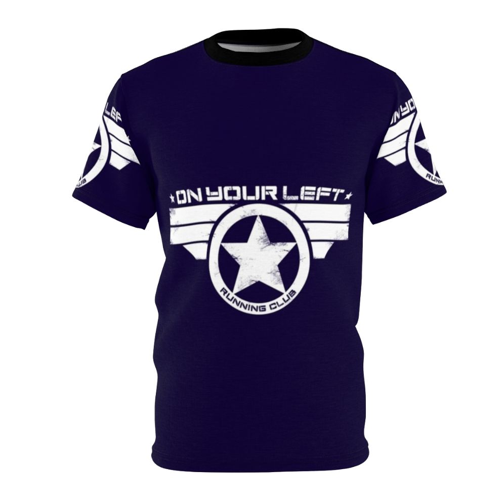 Distressed print t-shirt featuring captain america running club design