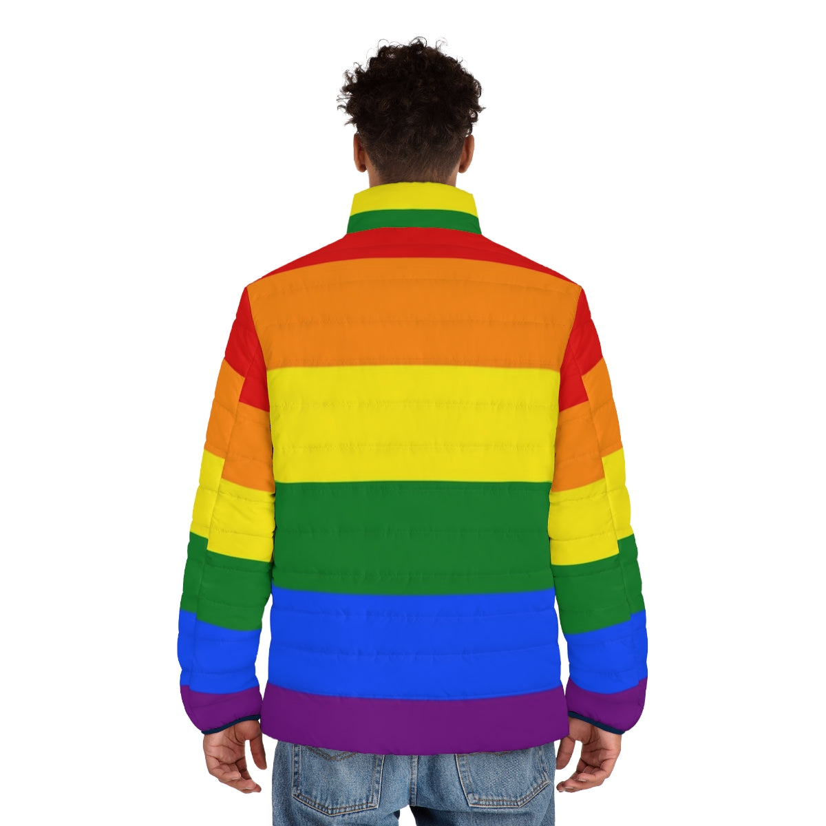 LGBTQIA+ Pride Rainbow Puffer Jacket, showcasing a vibrant rainbow design - men back