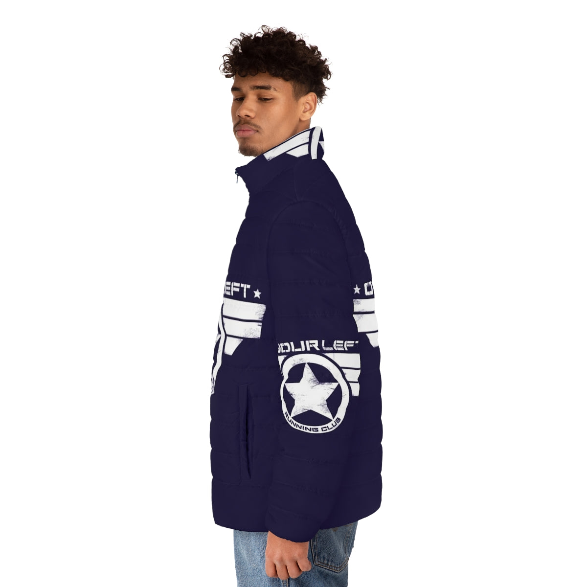 Captain America inspired puffer jacket with distressed "On Your Left Running Club" print - men side left