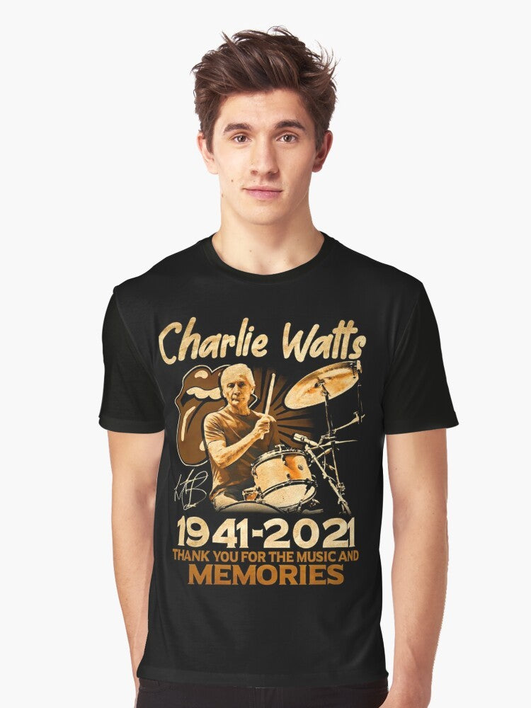 "Thank You For The Memories Charlie Watts" graphic t-shirt design featuring text and tribute to the late Rolling Stones drummer - Men