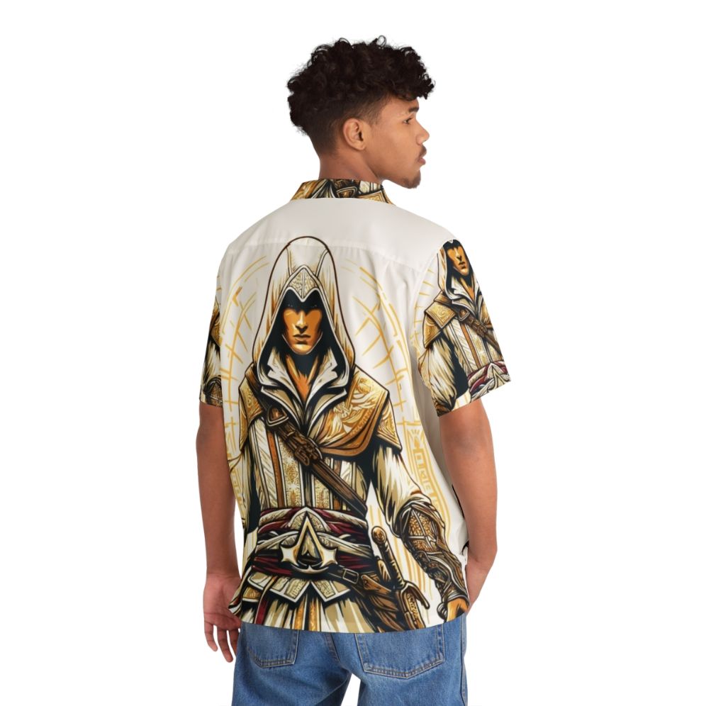 Assassins Creed inspired Hawaiian shirt with hidden blade and historical assassin motif - Flat lay