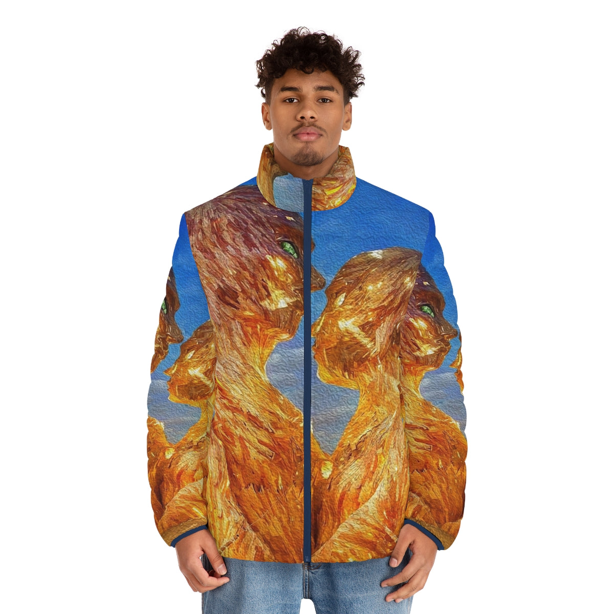 Burning man digital oil painting puffer jacket with dance, music, and nightlife design - men front