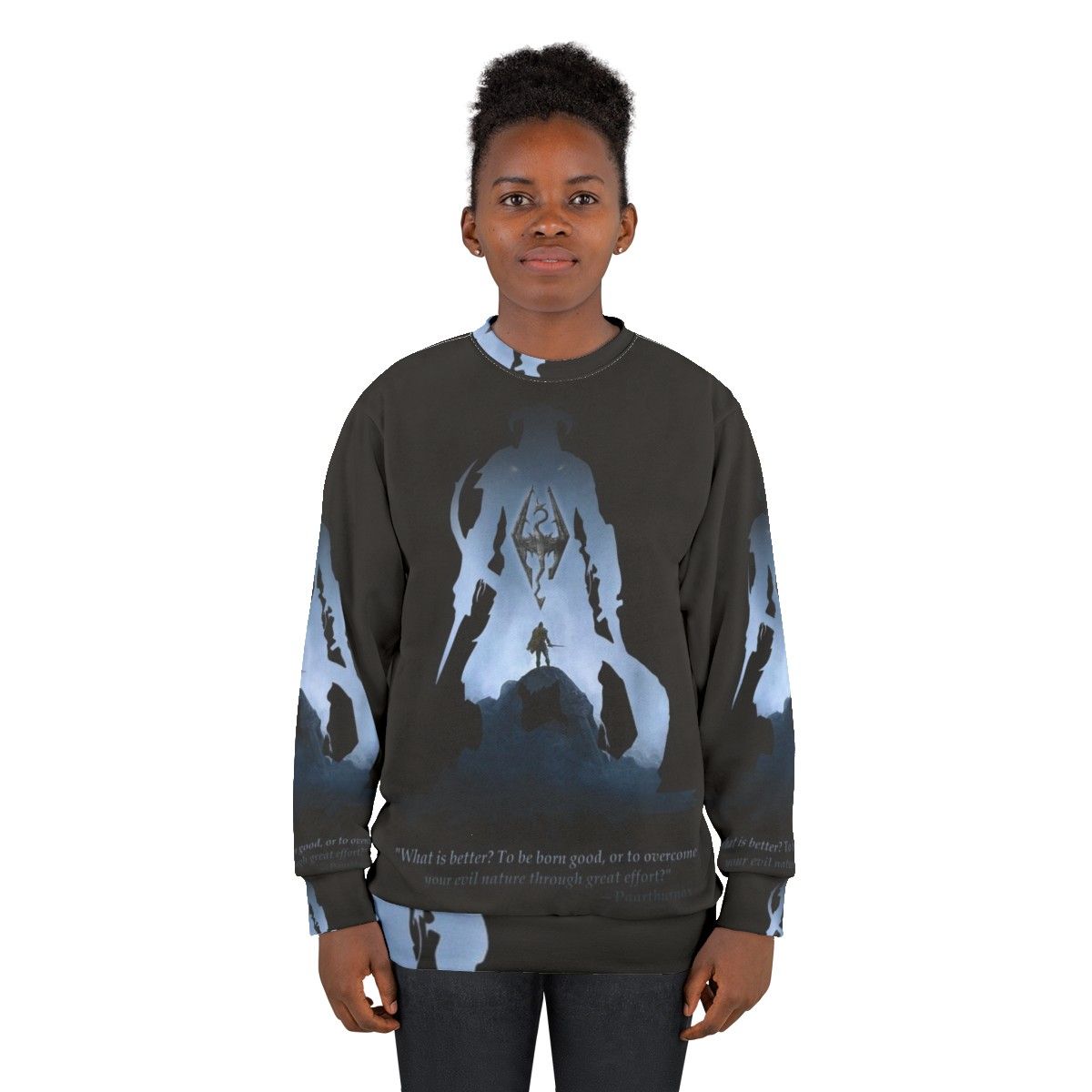 Dragonborn Sweatshirt featuring the iconic Skyrim logo and dragon - women