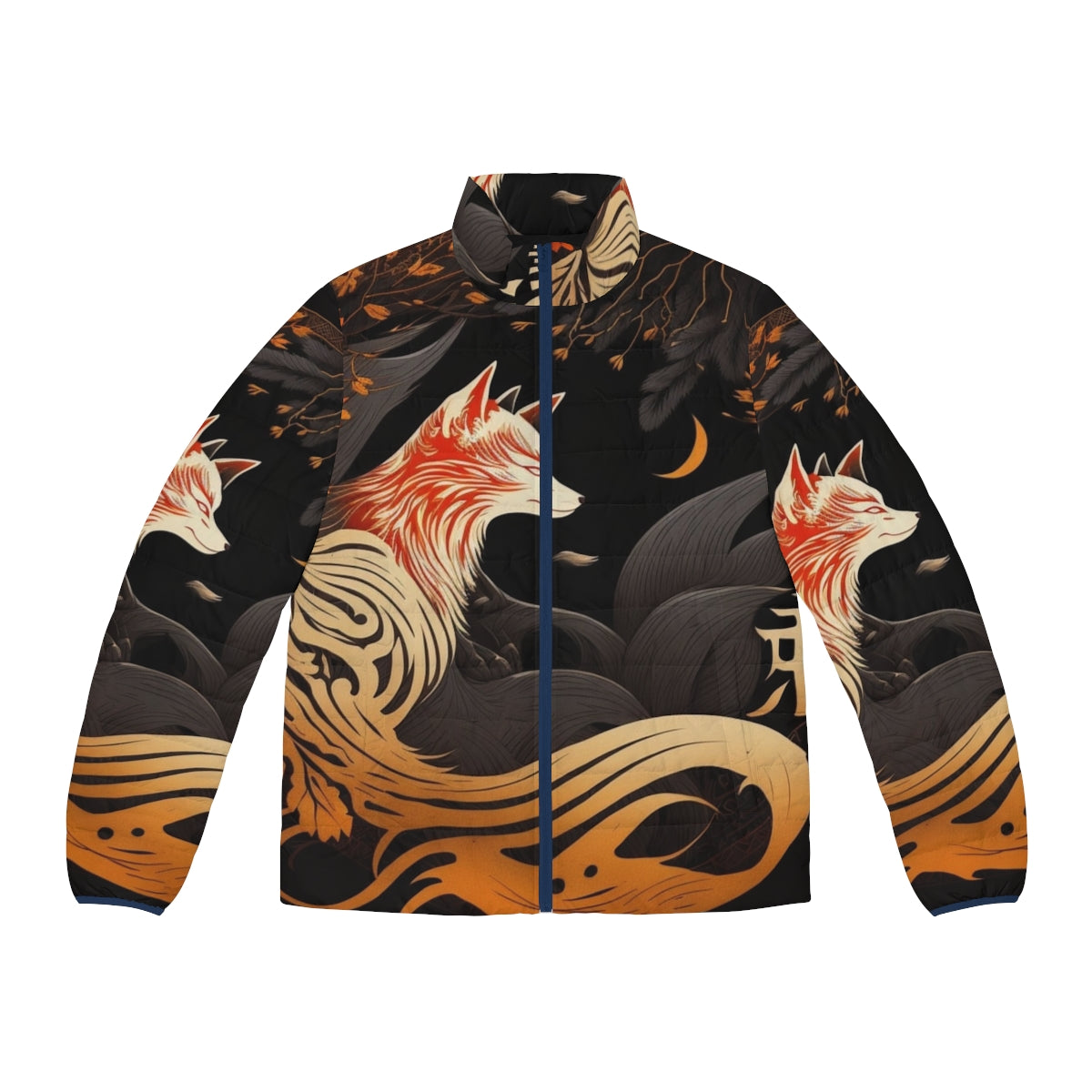 Kitsune Japanese art-inspired puffer jacket with a fox emblem design