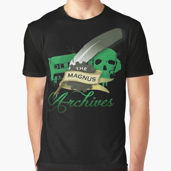 The Magnus Archives logo graphic t-shirt with cog, ink, and banner design