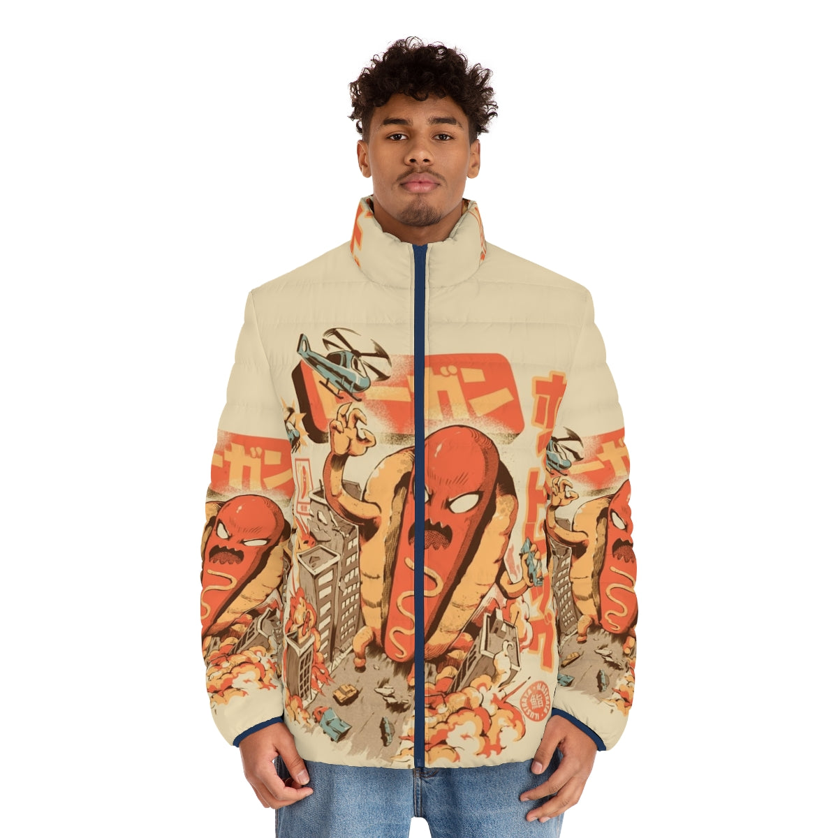 Hot dog puffer jacket with Japanese-inspired retro anime design - men front