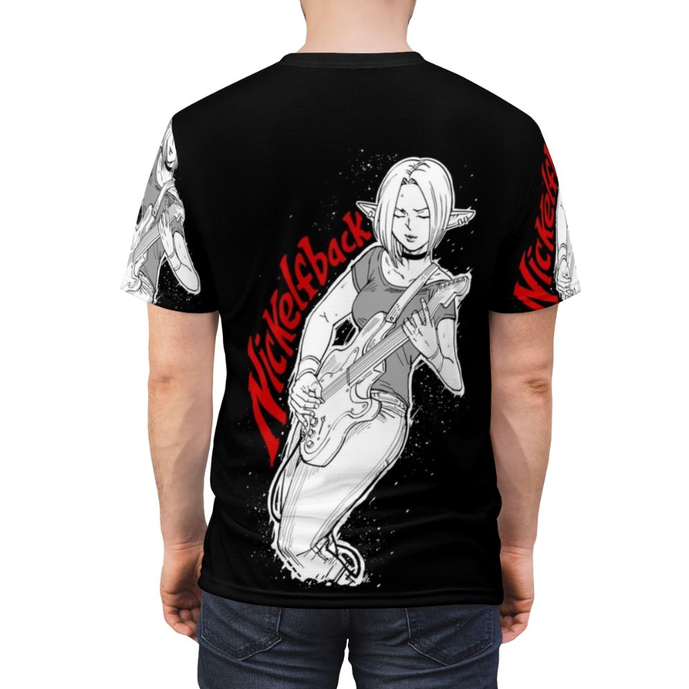 Magical elf rock band graphic t-shirt featuring a fantasy music parody design - men back