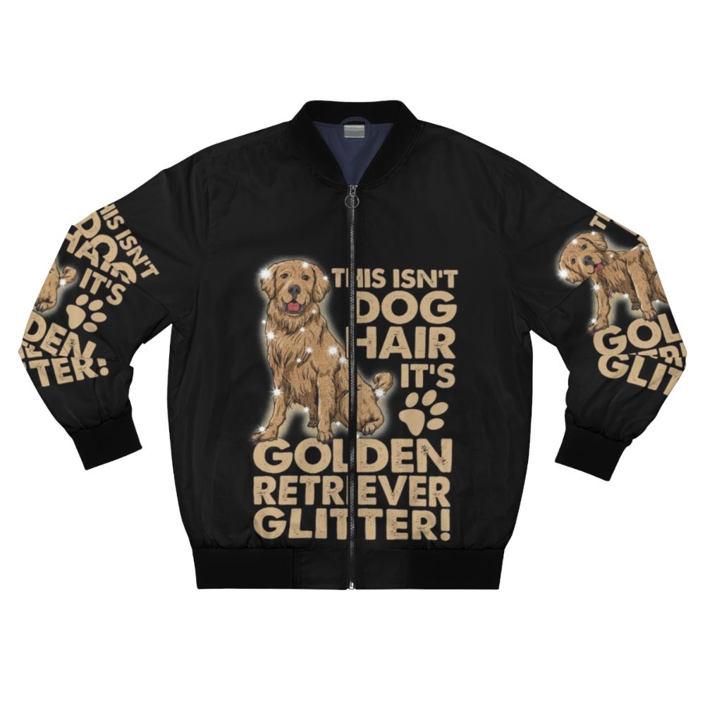 Golden retriever dog wearing a glitter bomber jacket