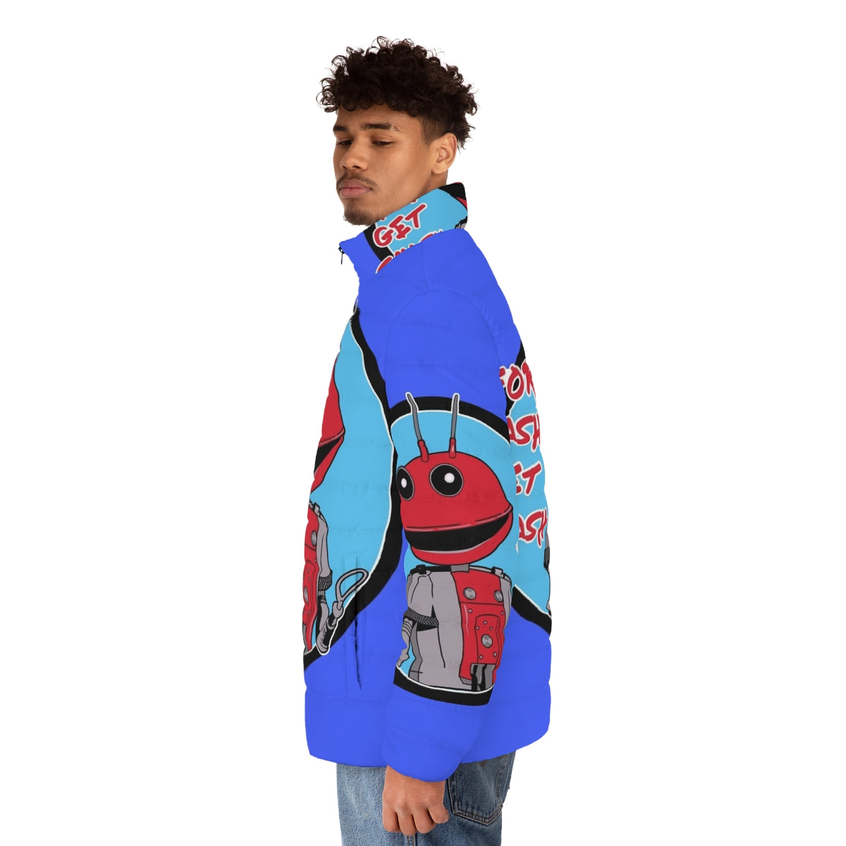 "For Mash Get Smash" 80s Retro Puffer Jacket with Robot and Alien Design - men side left