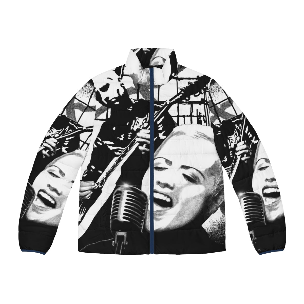 Dolores O'Riordan inspired black and white puffer jacket with pen and ink fan art design