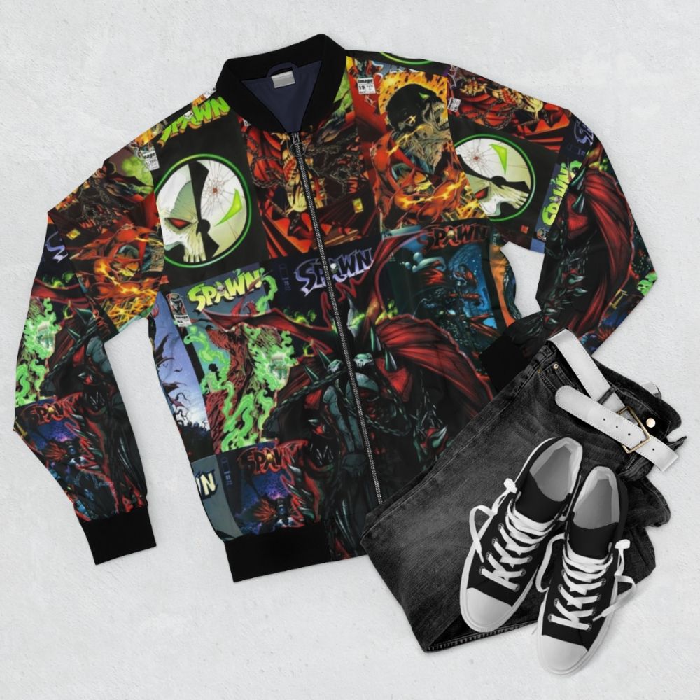 Spawn superhero bomber jacket with comic book-inspired design - Flat lay