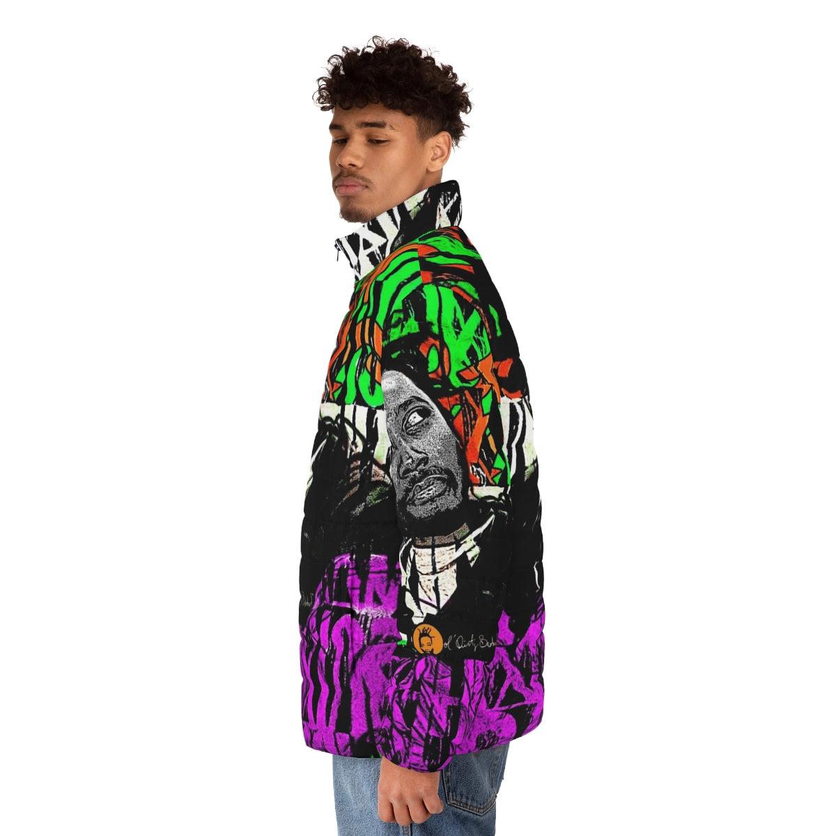 Graffiti-inspired puffer jacket with Ol' Dirty Bastard and Wu-Tang Clan inspired design - men side left